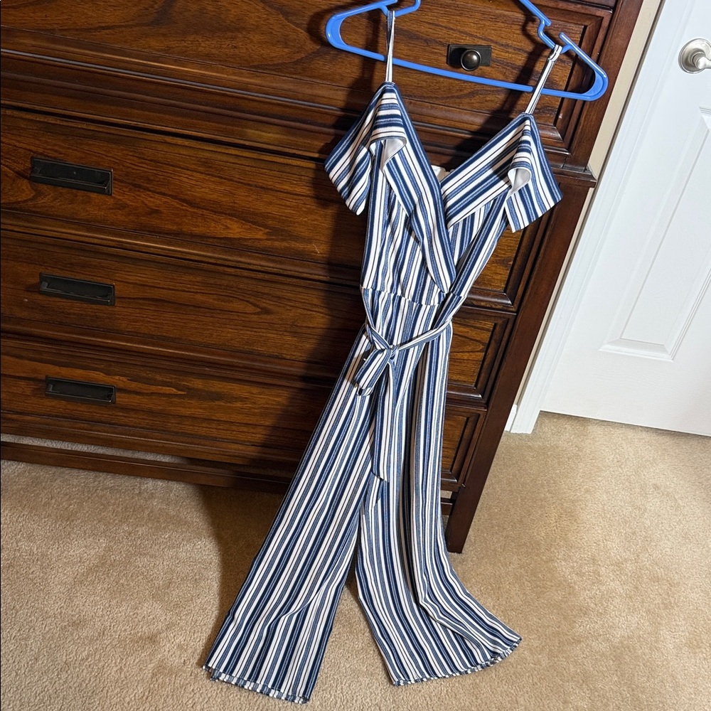 by & by Navy and White Striped Jumpsuit